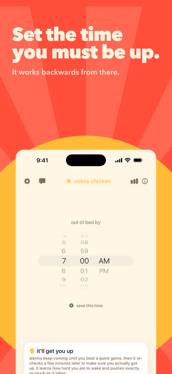 The set screen: pick the time you must be out of bed